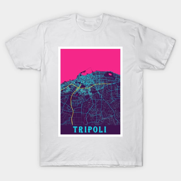 Tripoli Neon City Map T-Shirt by tienstencil